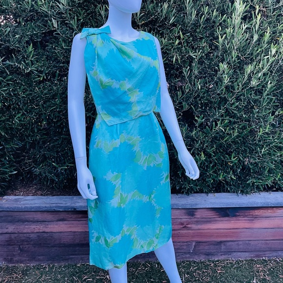 Vintage Blue Green Dress With Shoulder Bow - Picture 10 of 11